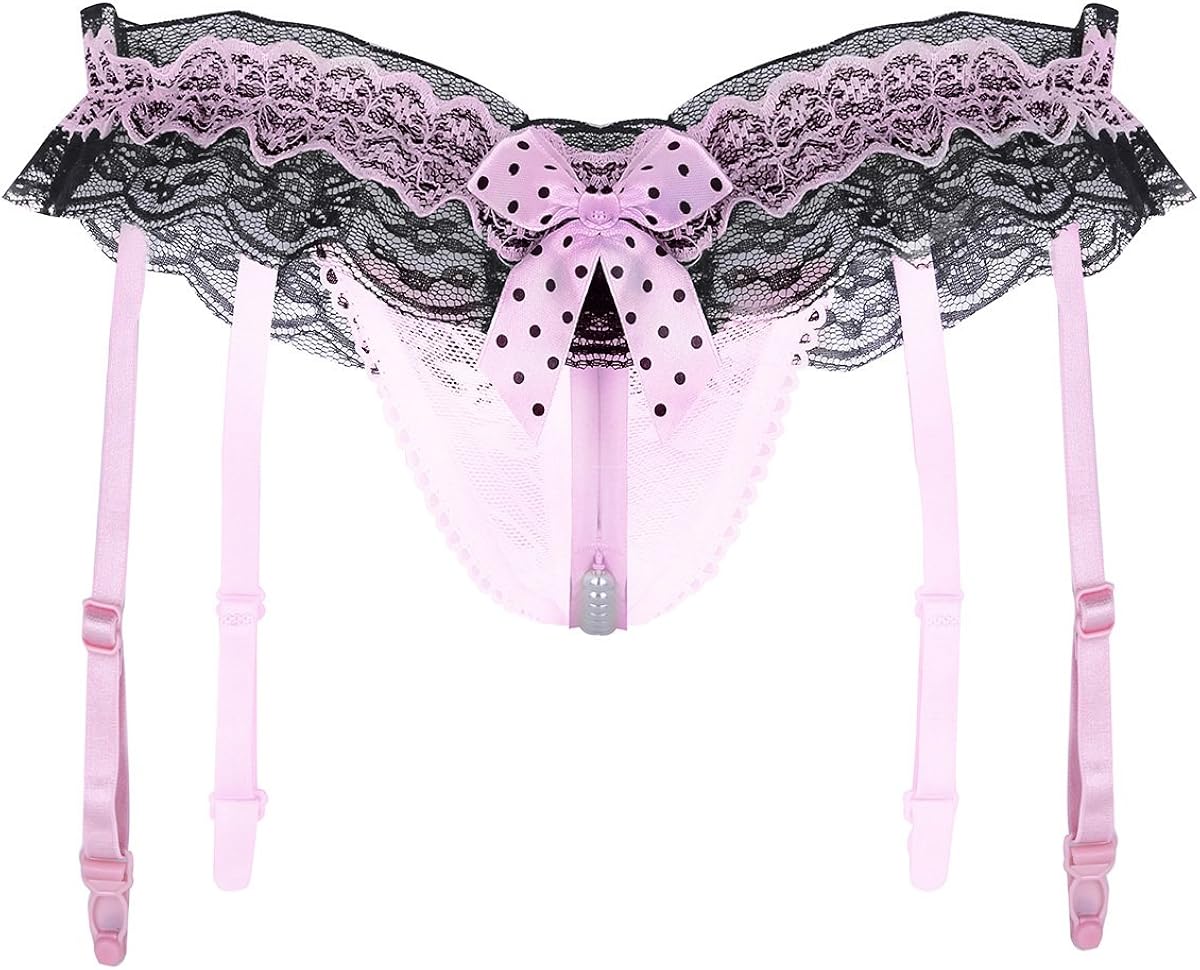 CHICTRY Women's Ruffle Lace Floral Ruffles G-String Thong Underwear with Massage Pearl and Garters Pink One Size: Clothing