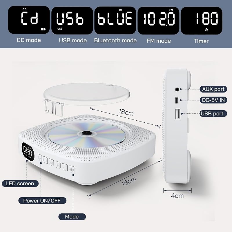 Lettore CD portatile WDV04 per casa e outdoor, Bluetooth con altoparlanti, batteria ricaricabile 4000 mAh, radio FM, USB, telecomando, montaggio a parete e supporto da tavolo