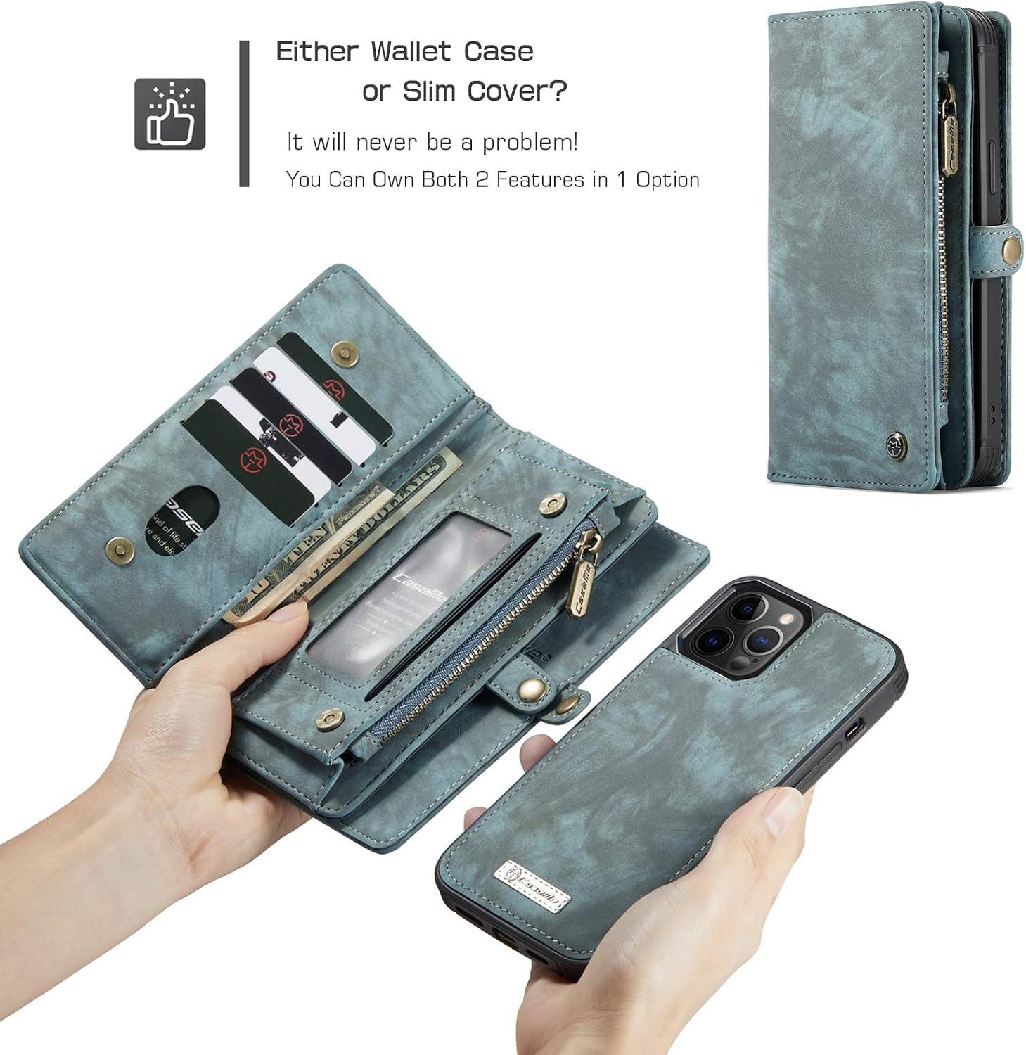 ANROD Detachable Leather Wallet Case for iPhone 12 Pro Max,CaseMe Magnetic Closure 2-in-1 Flip TPU Shockproof Zipper Purse Back Cover with Card Slots (Blue) - Image 5