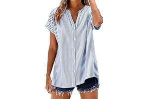 Women's Cotton Linen Blouses Plaid Short Sleeve V Neck Button Down Shirts Loose Fit Summer Tops Comfy Tshirts Tees
