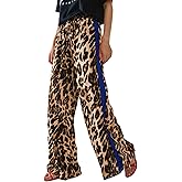 Charfille Women's Casual Pants Drawstring Leopard Print Color Block Side Striped Straight Leg Wide Leg Loose Pants