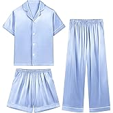 Weixinbuy Girls Pajamas Set Button Down Short Sleeve Pjs Satin Pajamas Sleepwear Lounge Set 3Pcs Pjs for Teen Kids Girls Boys