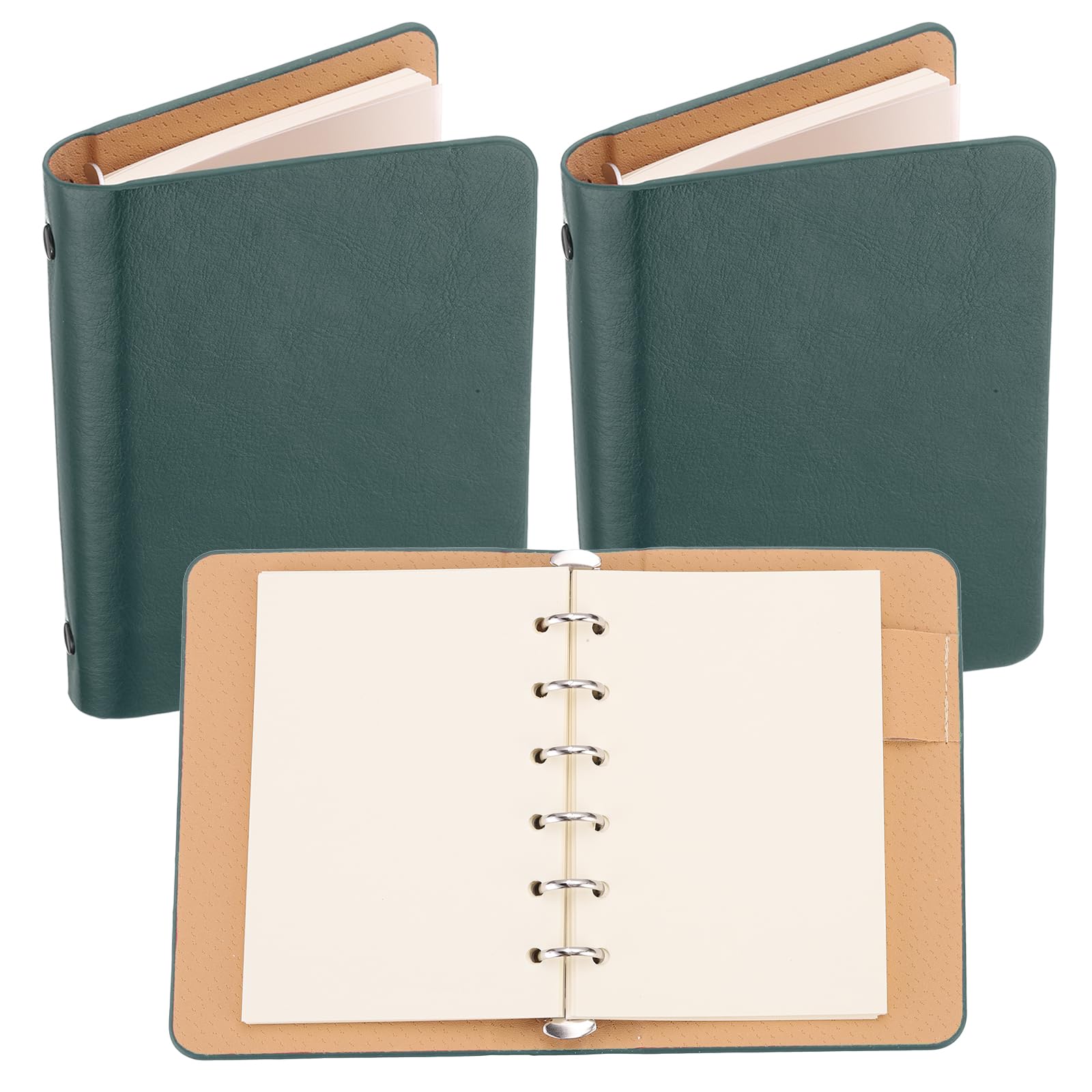 PATIKIL 6 Ring Binder Cover, 2 Pack A7 Leather Notebook Binder Mini Refillable Loose Leaf Personal Planner with 100 Sheets Paper, Green