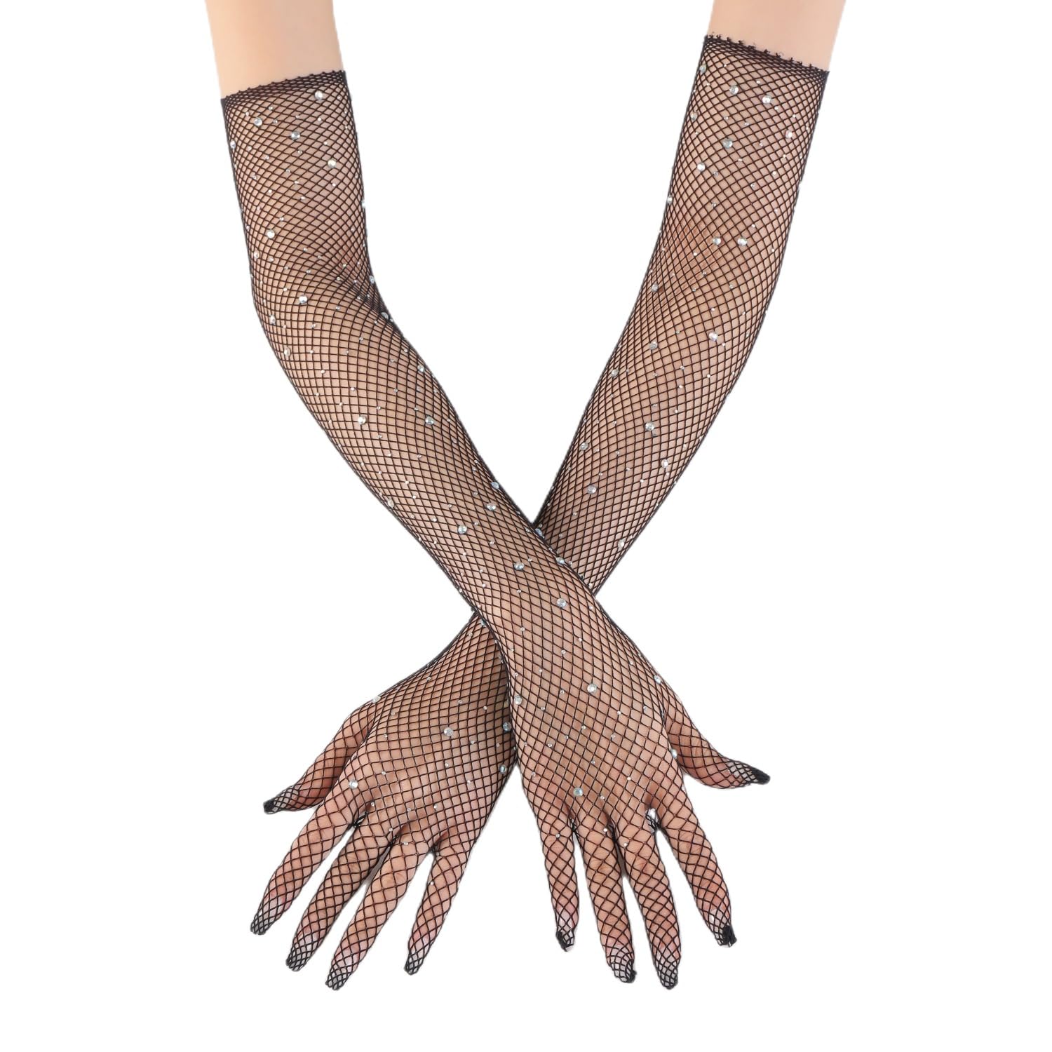 1 Pair of Long Fishnet Gloves for Women, Glitter Rhinestone Long Gloves, Fishnet Gloves, Vintage Evening Gloves, Opera Gloves, for Wedding, Halloween, Masquerade, Cosplay, Black, black, One Size