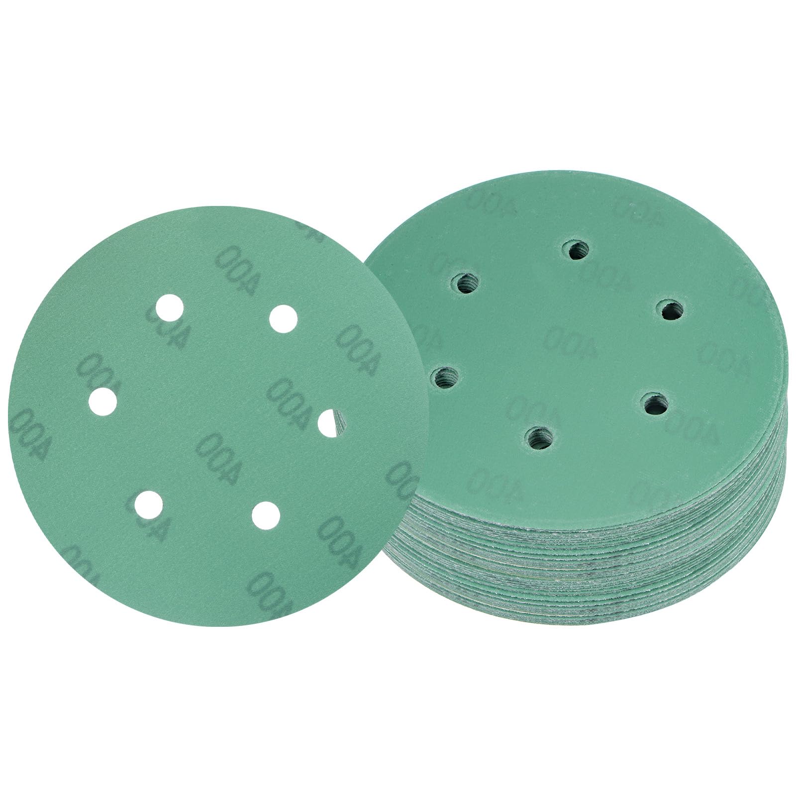 Kozelo 50pcs Green Film Sanding Discs - [6 Inch 400 Grits 6 Hole ] Round Aluminum Oxide Hook & Loop Wet Dry Sander Pads for Wood Metal Polishing Use| Zirconium Corundum Sandpaper