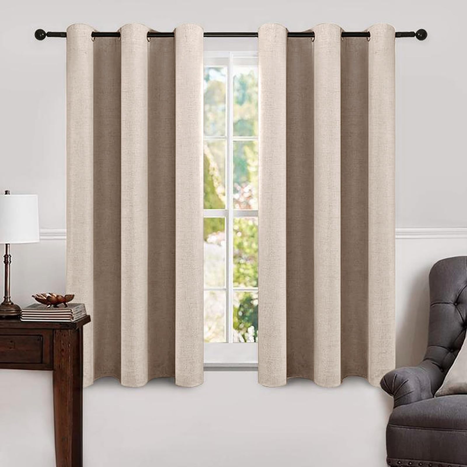 Photo 1 of 42 x 63 (2 Panels) Linen Texture Curtains Soild 100% Blackout Thermal Insulated Natural Beige Curtains Grommet Room Darkening Drapes for Living Room Bedroom Nursery 42 x 63 (2 Panels)