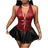 Floerns Women's Leather Halter Tops Lace Up Sleeveless Music Festival Rave Tank Top