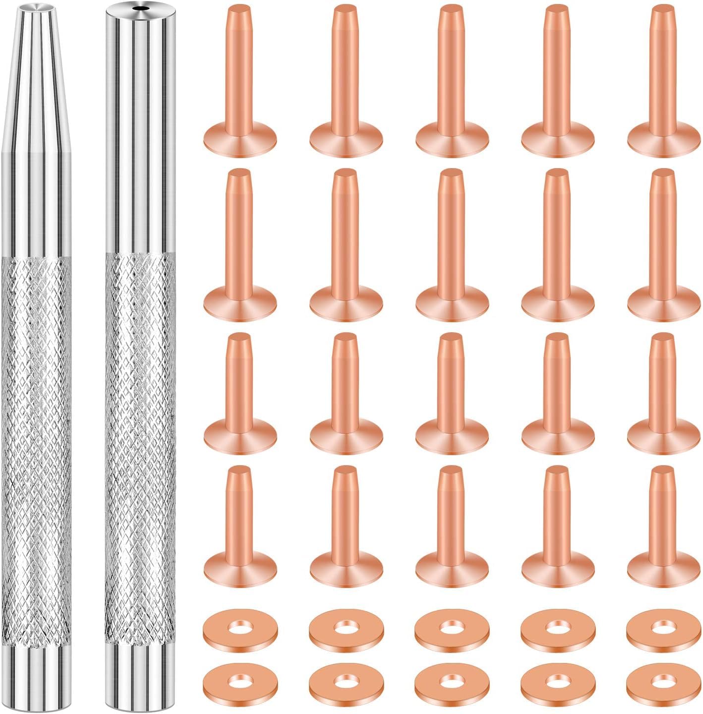 SelfTek 20Pack Copper Rivets and Burrs (14mm and 19mm) with 2Pcs Punch Rivet Tool for Belts, Bags, Collars, Leather-Crafting, Bracelets