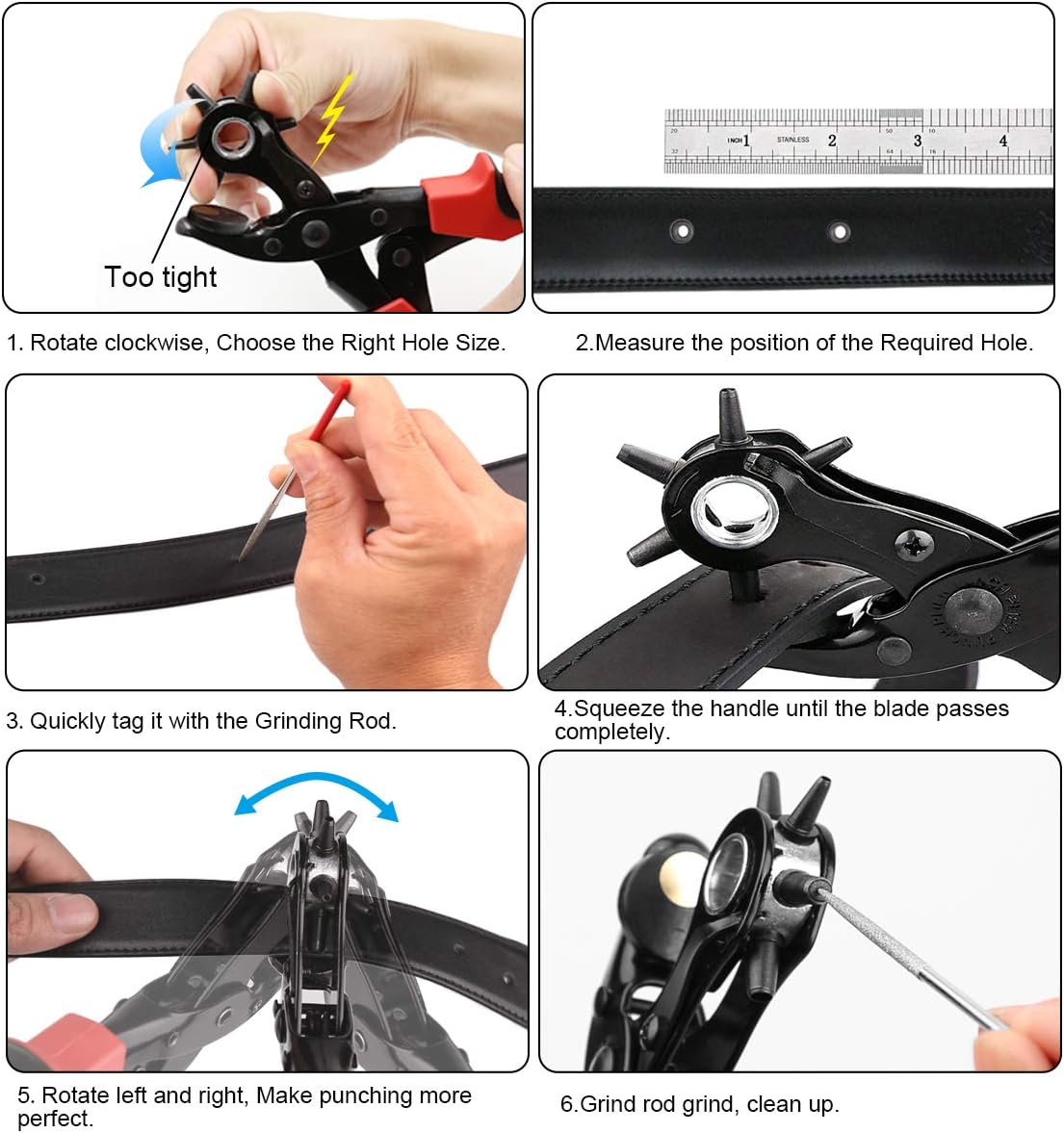 Revolving Punch Plier Kit, XOOL Leather Hole Punch Set for Belts, Watch Bands, Straps, Dog Collars, Saddles, Shoes, Fabric, DIY Home or Craft Projects, Heavy Duty Rotary Puncher, Multi Hole Sizes Make - - 