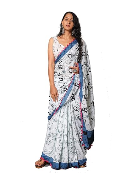 White Cotton Hand Block Printed Saree with Blouse