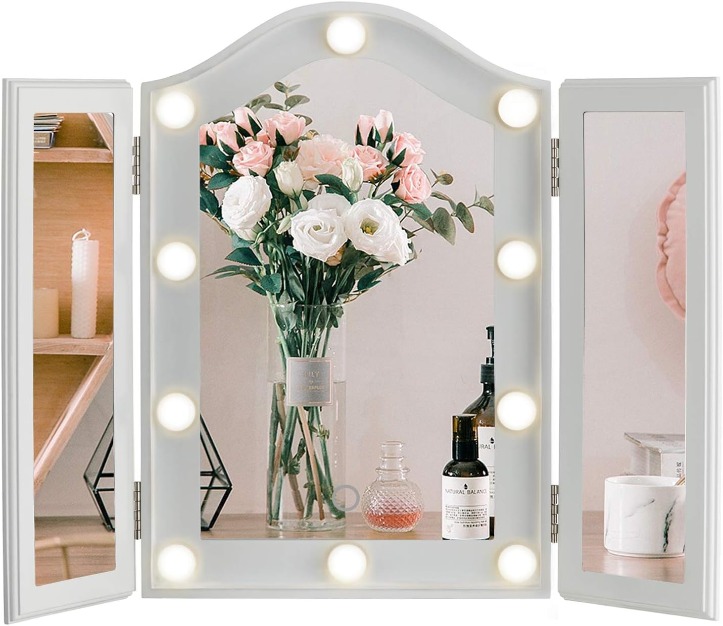 LUXFURNI Hollywood Tabletop Makeup Trifold Mirror with USBpowered