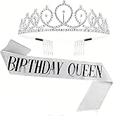 zeclive Sliver Birthday Crown&Birthday Sash Set for Woman Decorations,Elegant Glittering Party Accessories with "BIRTHDAY QUEEN"Sash