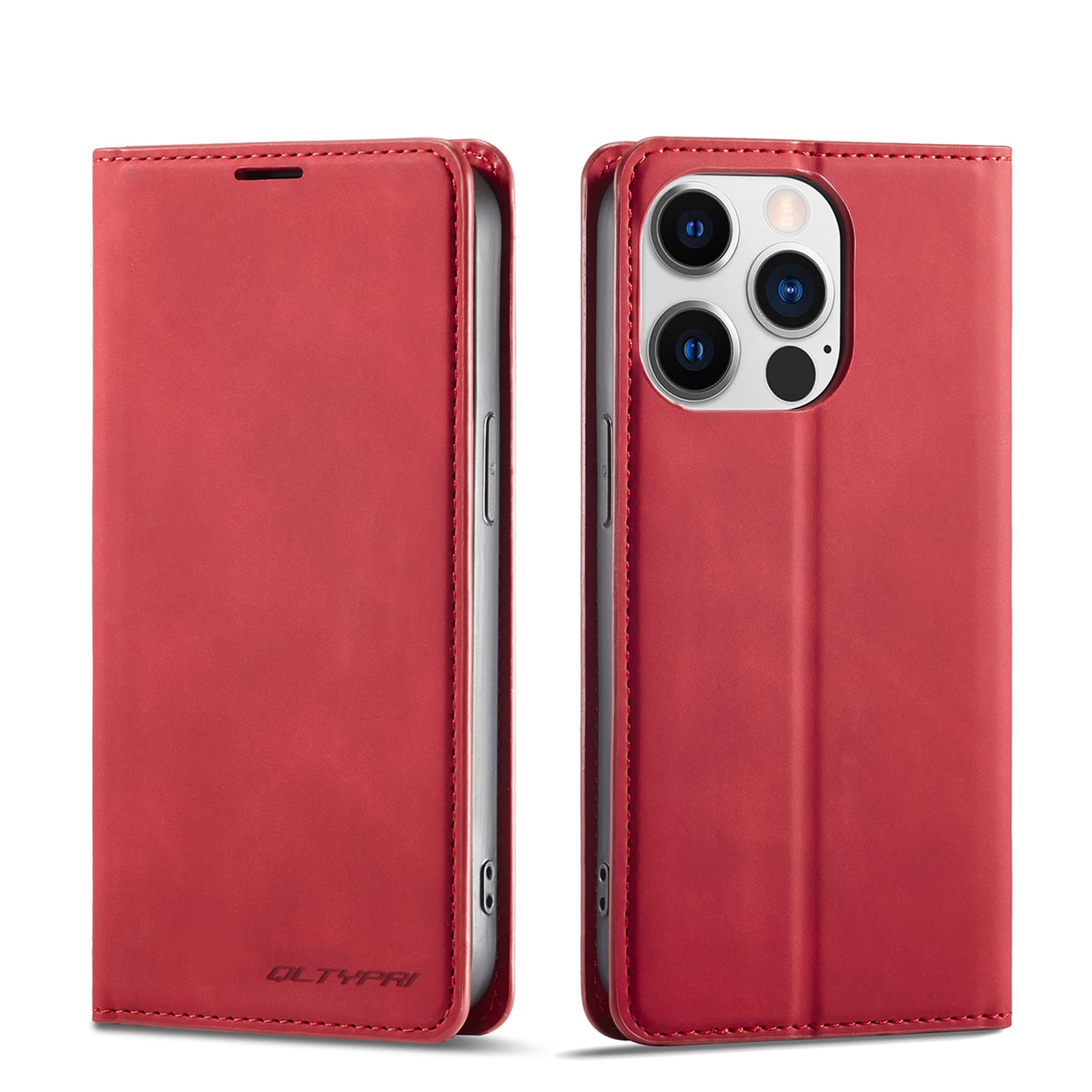 QLTYPRI Case for iPhone 13 Pro Max, Premium PU Leather Cover TPU Bumper with Card Holder Kickstand Hidden Magnetic Adsorption Shockproof Flip Wallet Case for iPhone 13 Pro Max - Red