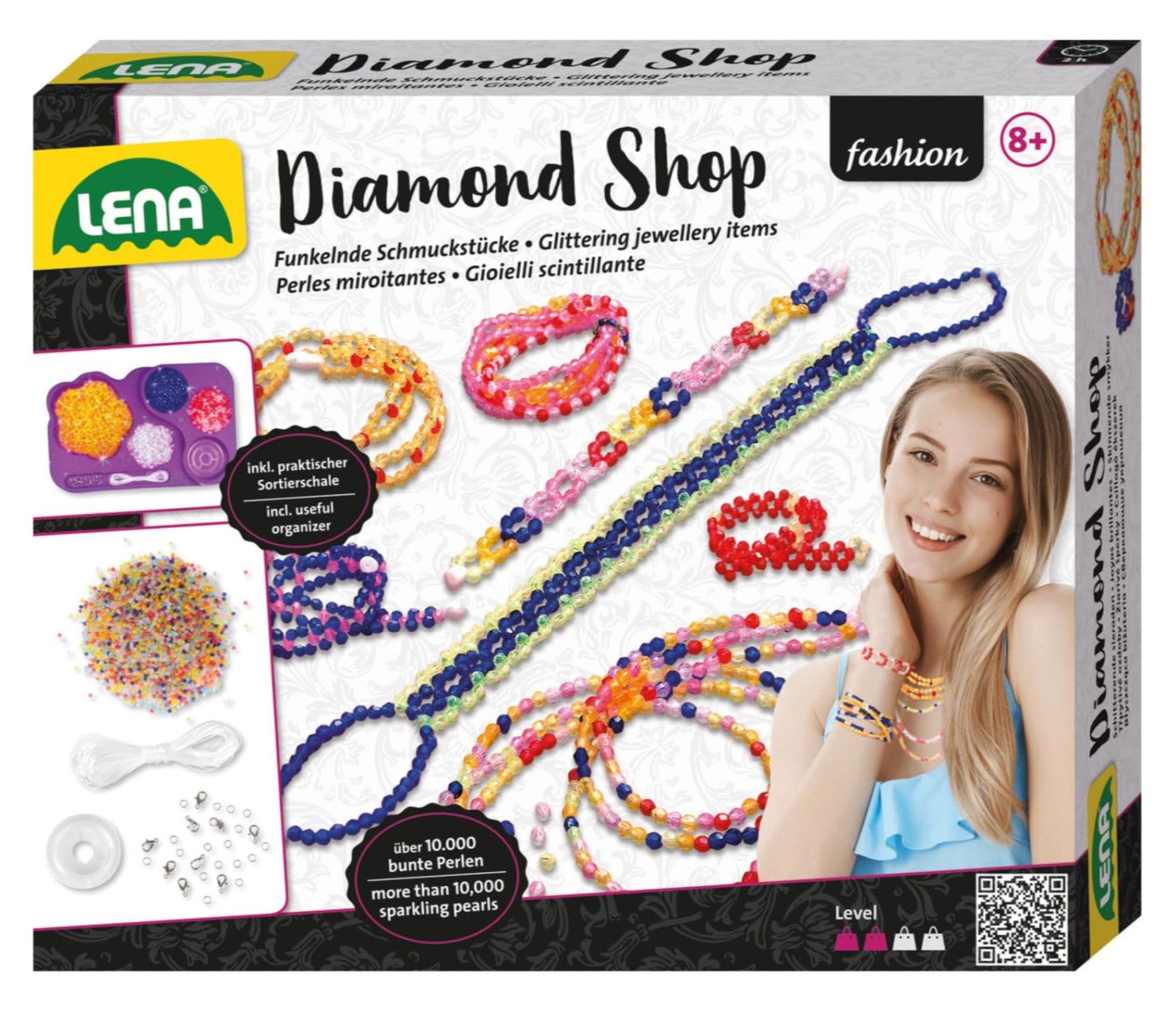 Lena 42304 - Handicraft set Diamond Shop large, complete set with 10.000 threading beads, elastic threads, sorting bowl and instructions, jewellery set for children from 8 years of age
