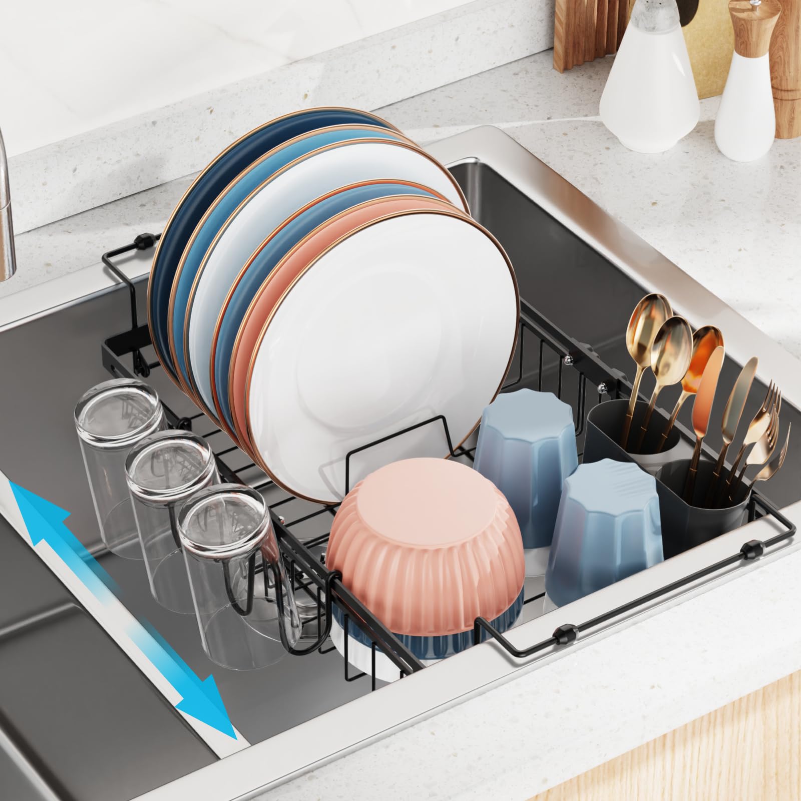 Photo 1 of iSPECLE in Sink Dish Drying Rack - Capacity Expandable Over Sink Dish Rack with 2 Cup Holder, Dish Drainer for Kitchen Counter with Utensil Holder Large Capacity, Fit 12.4"-18.7" Sink, Black
