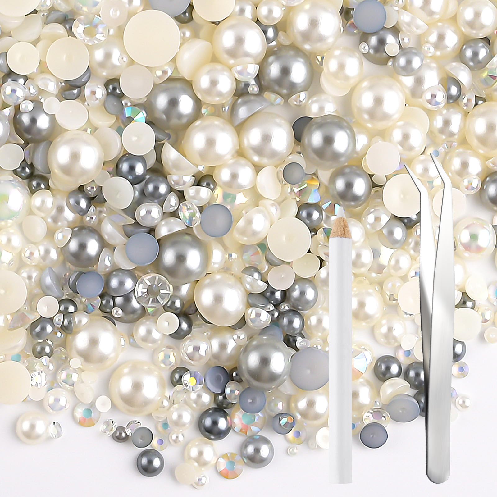 NACHLYNN 60g Mix Pearls and Rhinestones for Crafts Flatback Rhinestones Half Round Mixed Size 3mm-10mm Flatback Pearls for Crafts DIY Nail Art Shoes Clothes Tumblers Mugs (Silver White)