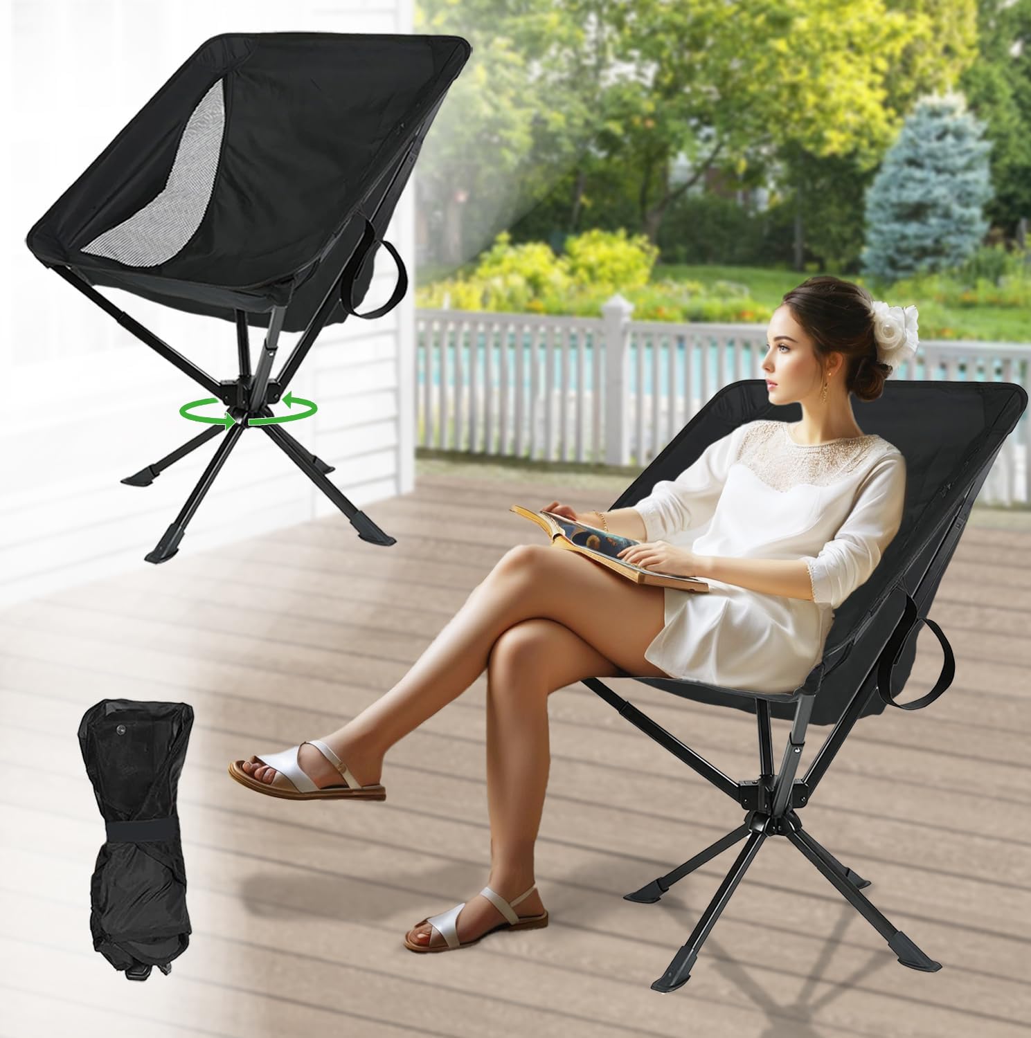 Vocpy Upgraded Folding Camping Chair, Swivel Portable Chair, Moon Chair, Folding Chairs with Carry Bag and Side Pocket for Adults, Lightweight for Camping, Travel, Beach, Support 150 kg