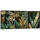 RnnJoile Green and Gold Bathroom Decor Emerald Green Wall Decor Tropical Leaves Pictures Canvas Painting Framed 12"x16"Each