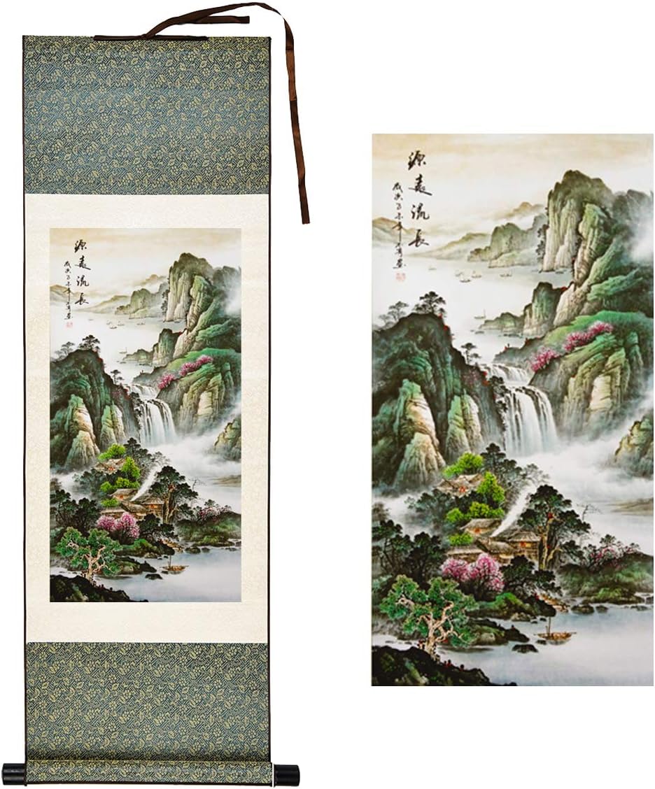 Paintings - lanermoon Lanermoon Chinese Tradditional Landscape Silk Scroll Painting,Mountain and Waterfall Modern Hanging Paintings for Office Living Room Decoration
