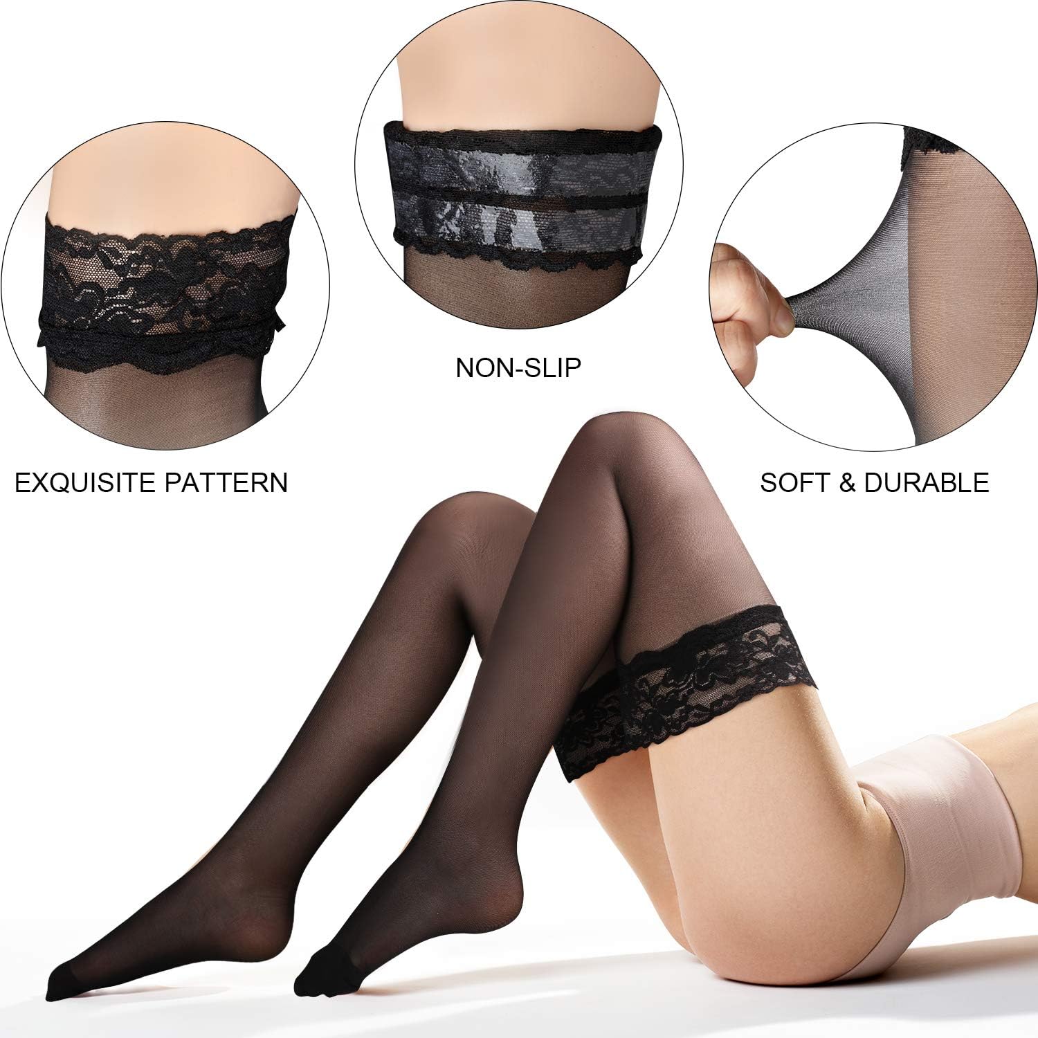 Silk Thigh High Stocking for Women Lace Silicone Socks Satin Bow Top Stocking (Red, Black, Skin Color, White): Clothing