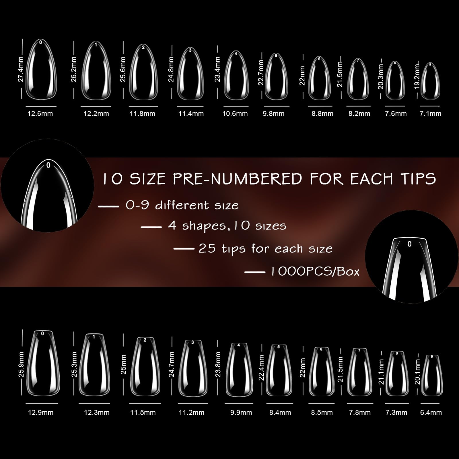 ELLEWIN 1000PCS Nail Tips Clear False Nails Full Cover for Acrylic Nails Kit 10 Sizes 4 Shapes Long Almond Square Coffin Oval Pre-Shape for Salon Home DIY Gifts - Image 6