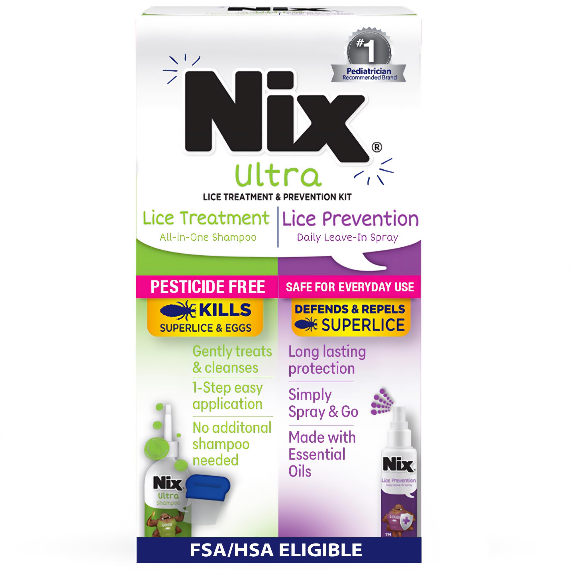 Nix Lice Treatment & Prevention Kit, All-in-One Shampoo, 4 fl oz, with Lice Removal Comb and Lice Prevention Daily Leave-in Spray, 6 fl oz