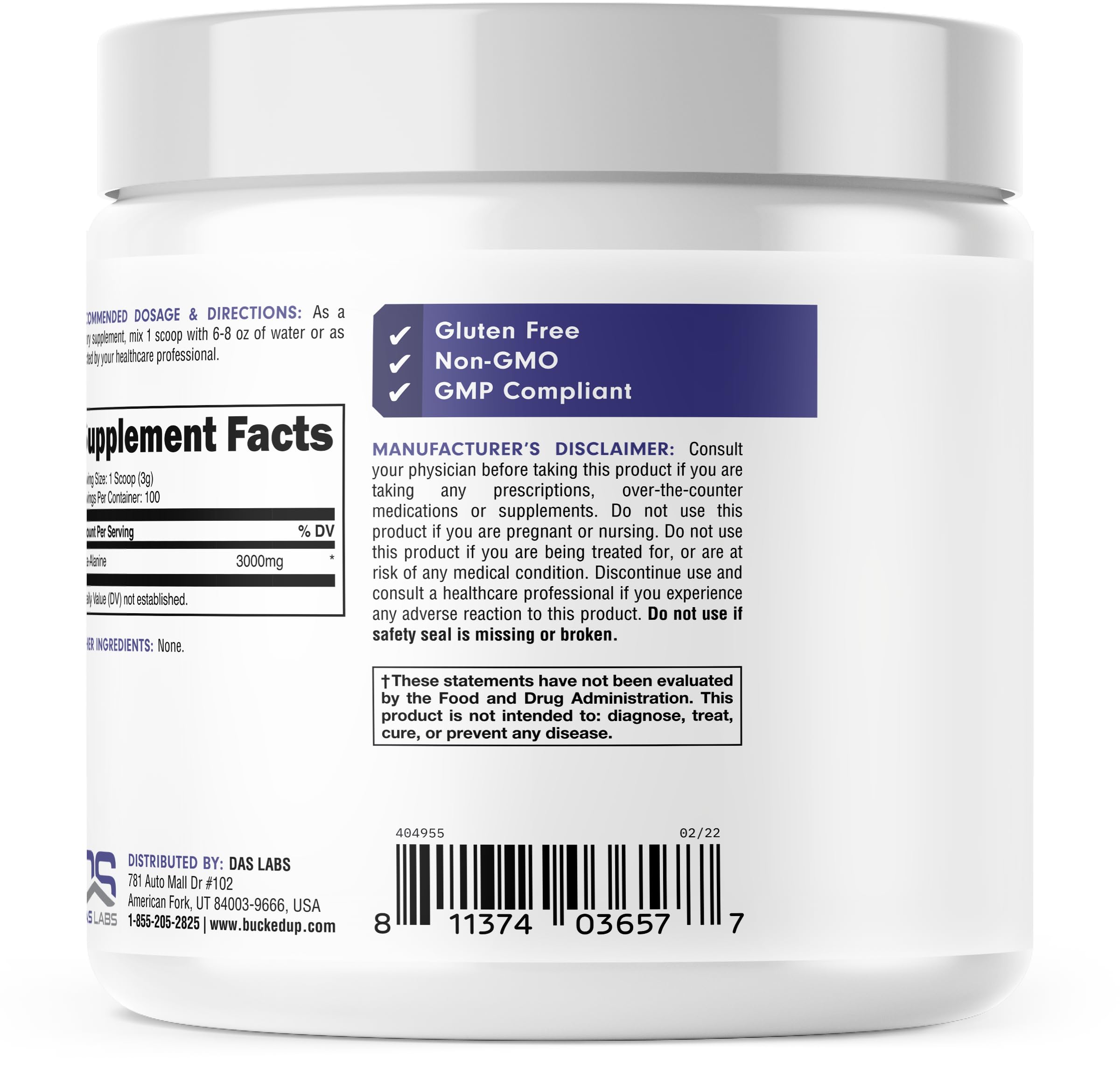 Bucked Up Beta Alanine 300mg Powder, Non-GMO, Gluten-Free, Unflavored (100 Servings)