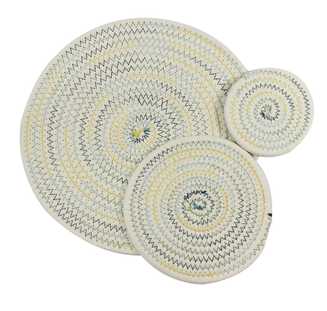 Ranvi Modern Colorful Woven Round Placemats Combination, Easy to Clean & Protects Your Tabletop, 3 PCS (Large, Medium, Small), Cool color