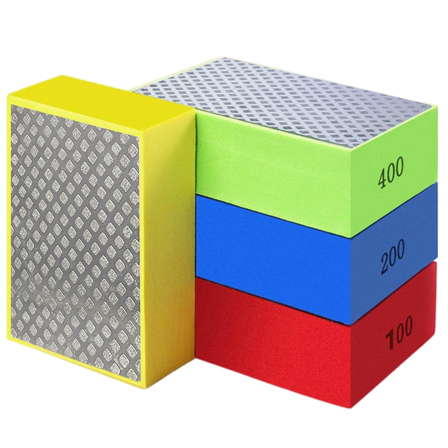 Aobuviou 4pcs Hand Diamond Polishing Pads for Glass,Tile Polishing Pad,Diamond Sanding Blocks for Porcelain,Concrete Stone Granite Marble Ceramic Grinding Trimming 60#,100#,200#,400#