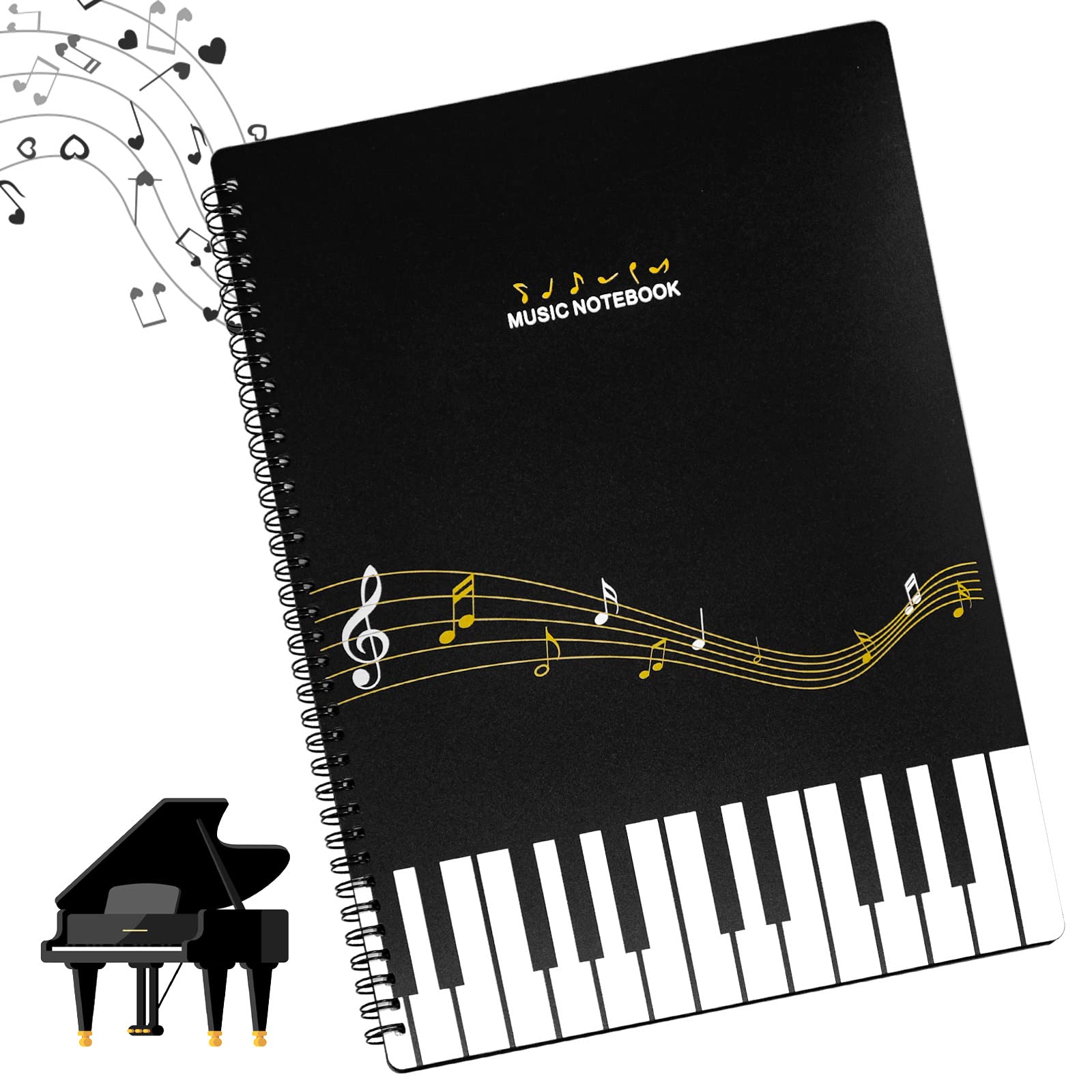 AMJKEJI Music File Folder A4 60Pages Sheet Music Folder Spiral Sheet Music Binder Holder Storage Organizer for Musical Score Paper Paintings Photos (12.4 x 9.34 inch, Black)