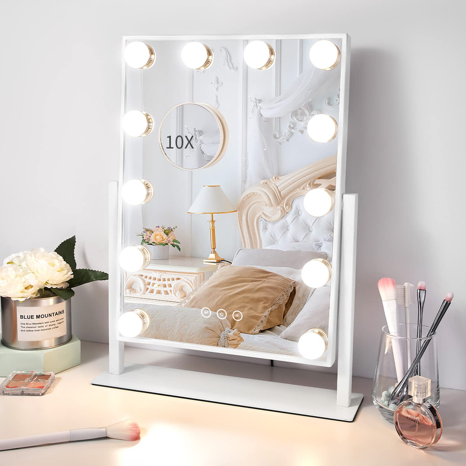 Vanity Mirror with Lights,Lighted Vanity Mirror with 12 Dimmable Bulbs for Dressing Room & Bedroom,3 Color Lighting,Modes Detachable 10x Magnification 360°Ratation