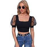 WDIRARA Women's Square Neck Mesh Puff Short Sheer Sleeve Crop Top Slim T Shirt