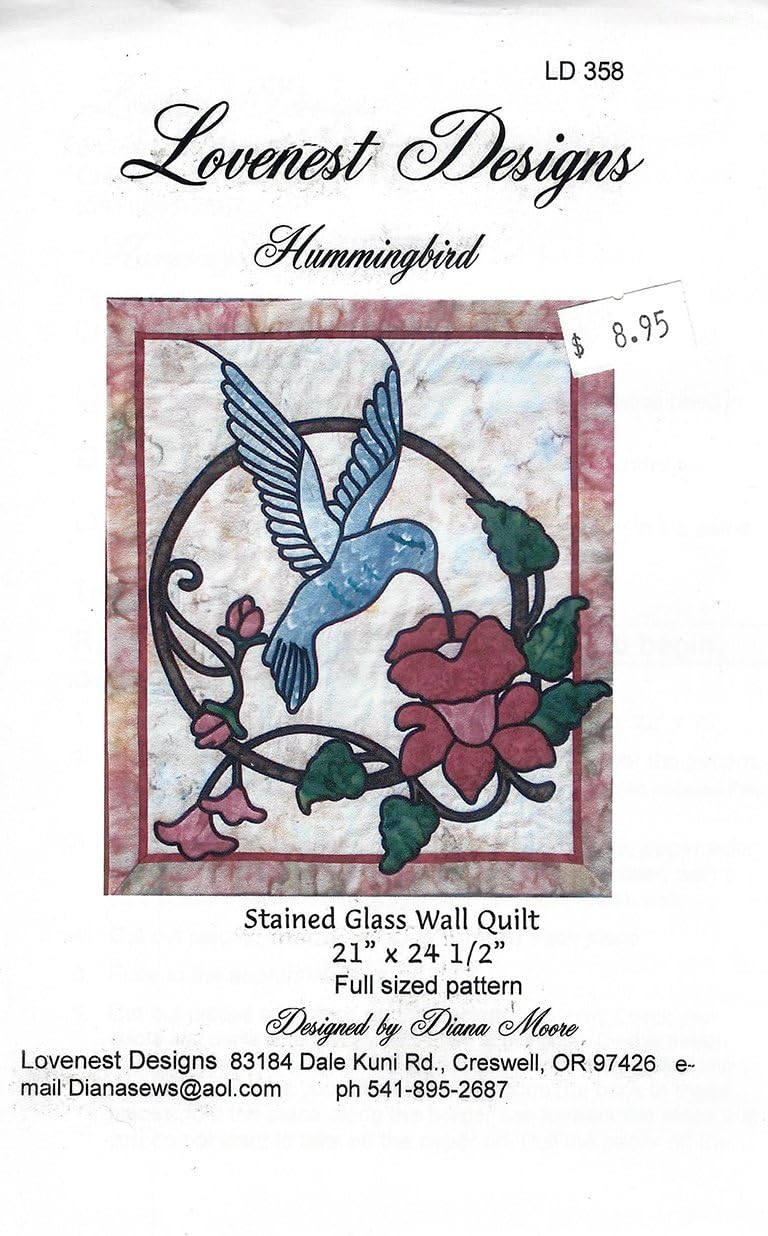 Lovenest Designes Pattern LD358 - Hummingbird Stained Glass Wall Quilt Finished Size 21" x 24 1/2" Designed by Diana Moore