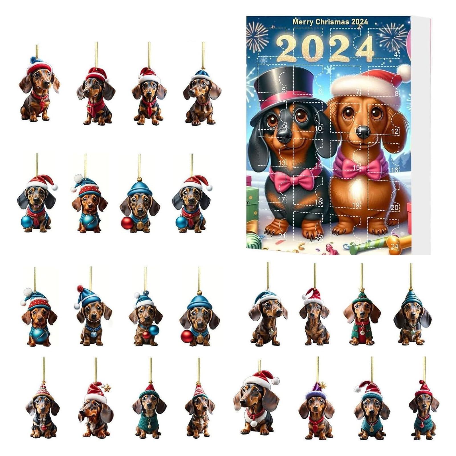 AYNKH 2024 Christmas Holiday Advent Calendar, Funny Animal Advent Calendar, 2D Ornament Advent Calendar, 2024 Pet Christmas Collectible Funny Set, Christmas Decoration for Bedroom, Living Room (Dog)