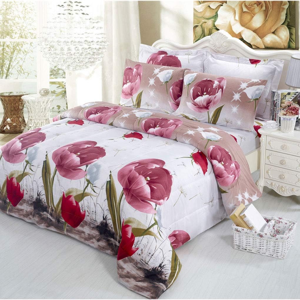 VITALE 4 Pcs Duvet Cover Set,3D Bedding Full/Queen Tulip Printed Quilt Cover Flat Sheet Pink White Girls Bedding Set