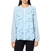 Anne Klein Womens Bttn Frt Cascade Ruffle Long Sleeve Blou