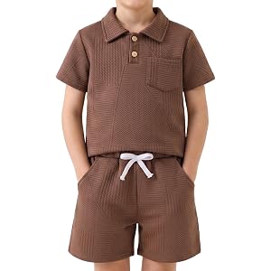 FOCICI Tween Boys Clothes Summer Short Sleeve Textured Button-down Shirts & Shorts Set with Pocket 2PCS Kids 6-14 Years Old