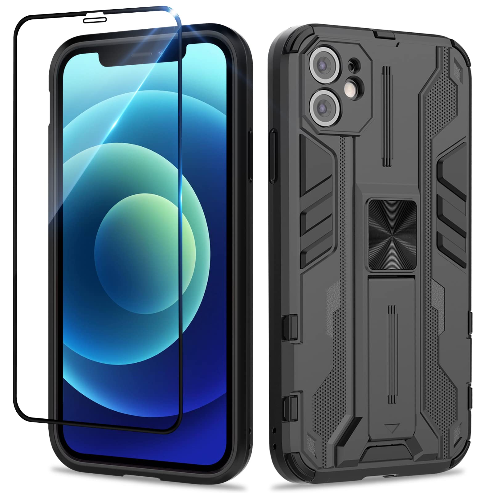 Btstring Case for iPhone 12 and Screen Protector Tempered Glass, Heavy Duty Shockproof Tough Armour Case with Stand Protective Personalised Phone Cover - Black — image 1
