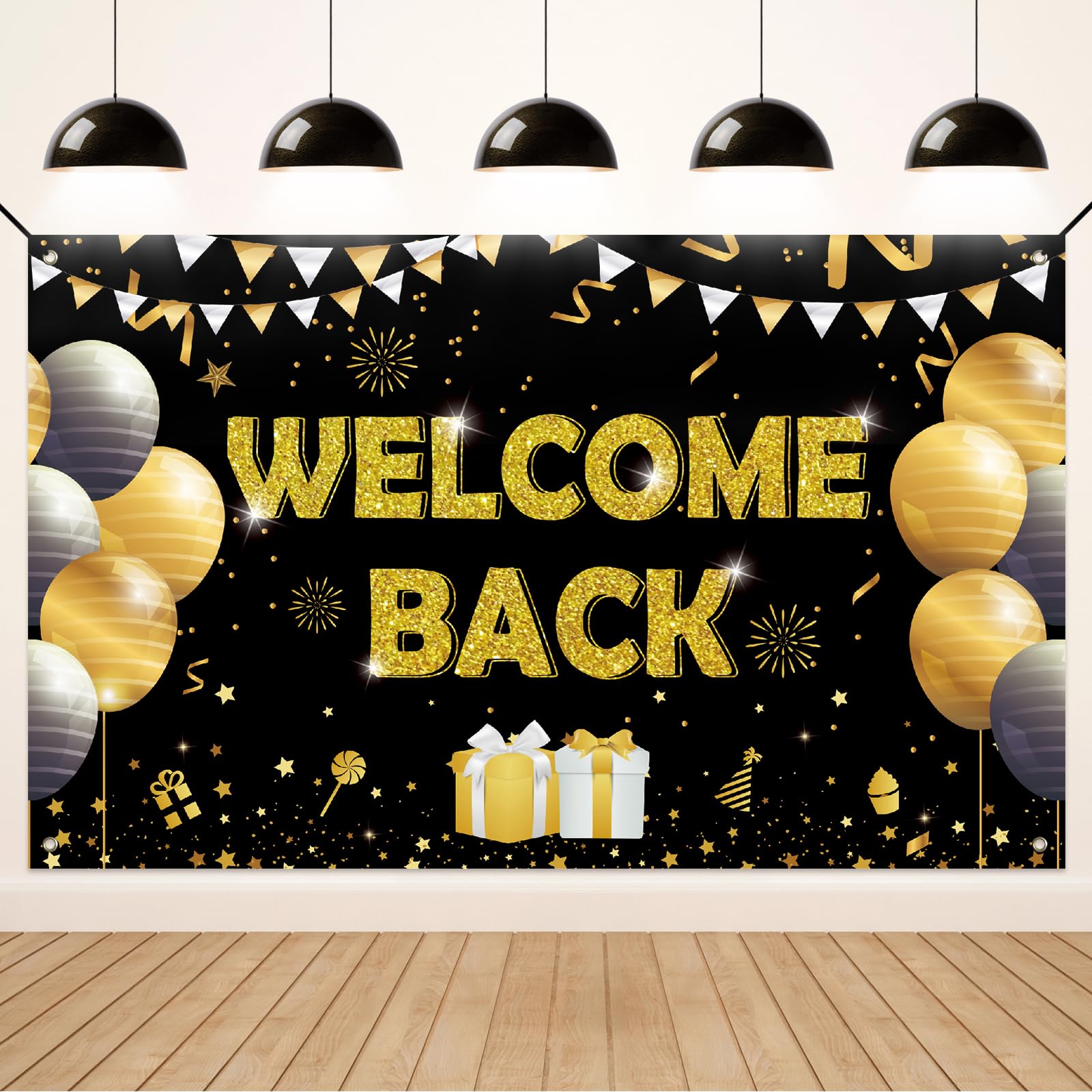 Koliphy Welcome Back Banner, Welcome Back Decorations for Family Celebration Classroom School Season Family Party Decoration, Welcome Home - Black Gold, 70.8 x 43.3 inch