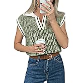 Saodimallsu Womens Short Sleeve Sweater Tops V Neck Polo Shirts Summer Casual Loose Knit Color Block Sweater Vest