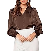 SweatyRocks Women's Bishop Long Sleeve Satin Blouse V Neck Button Front Business Work Tops