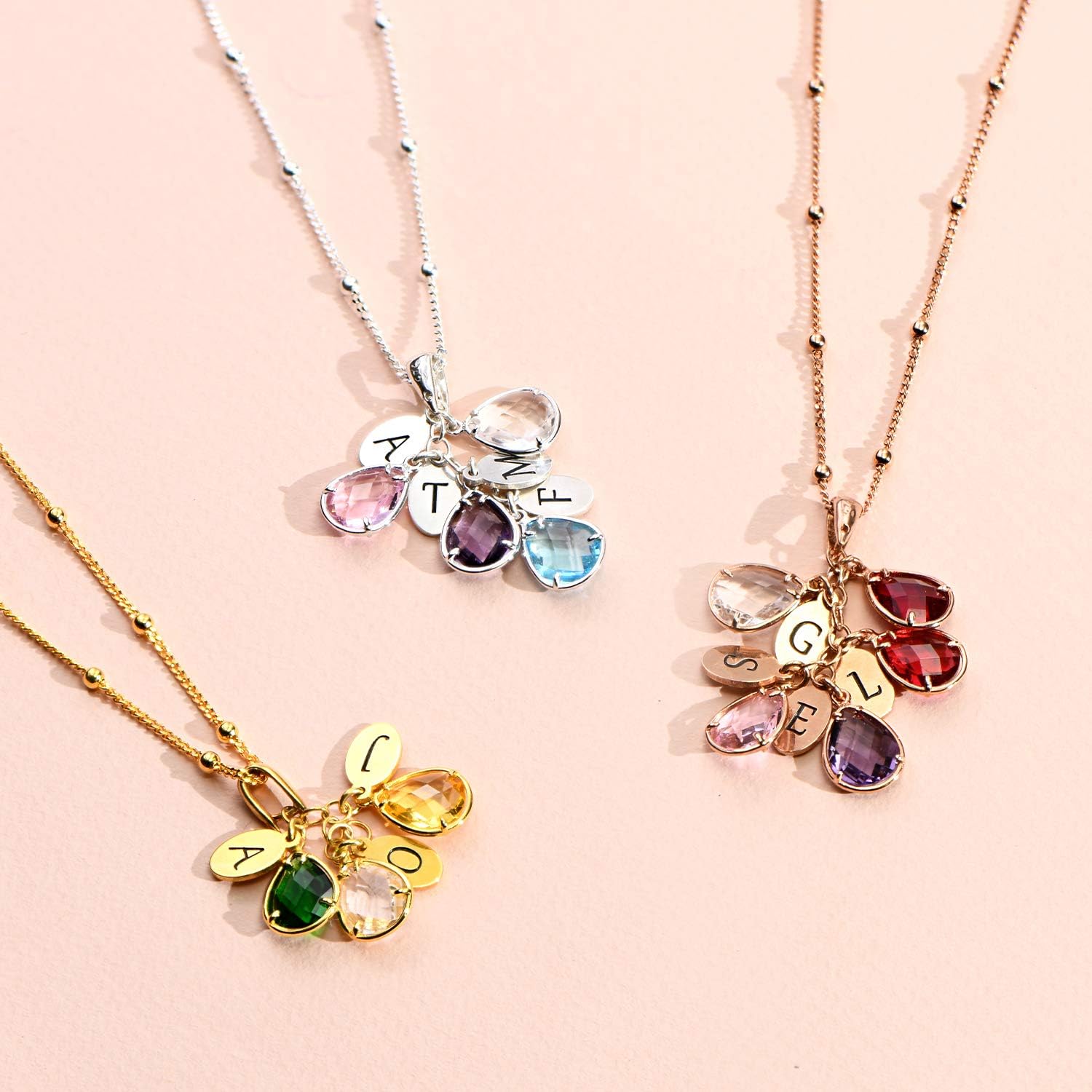 MyNameNecklace Personalized Drop Necklace with Dangling Birthstones 18k Gold Plating Name Jewelry: Jewelry