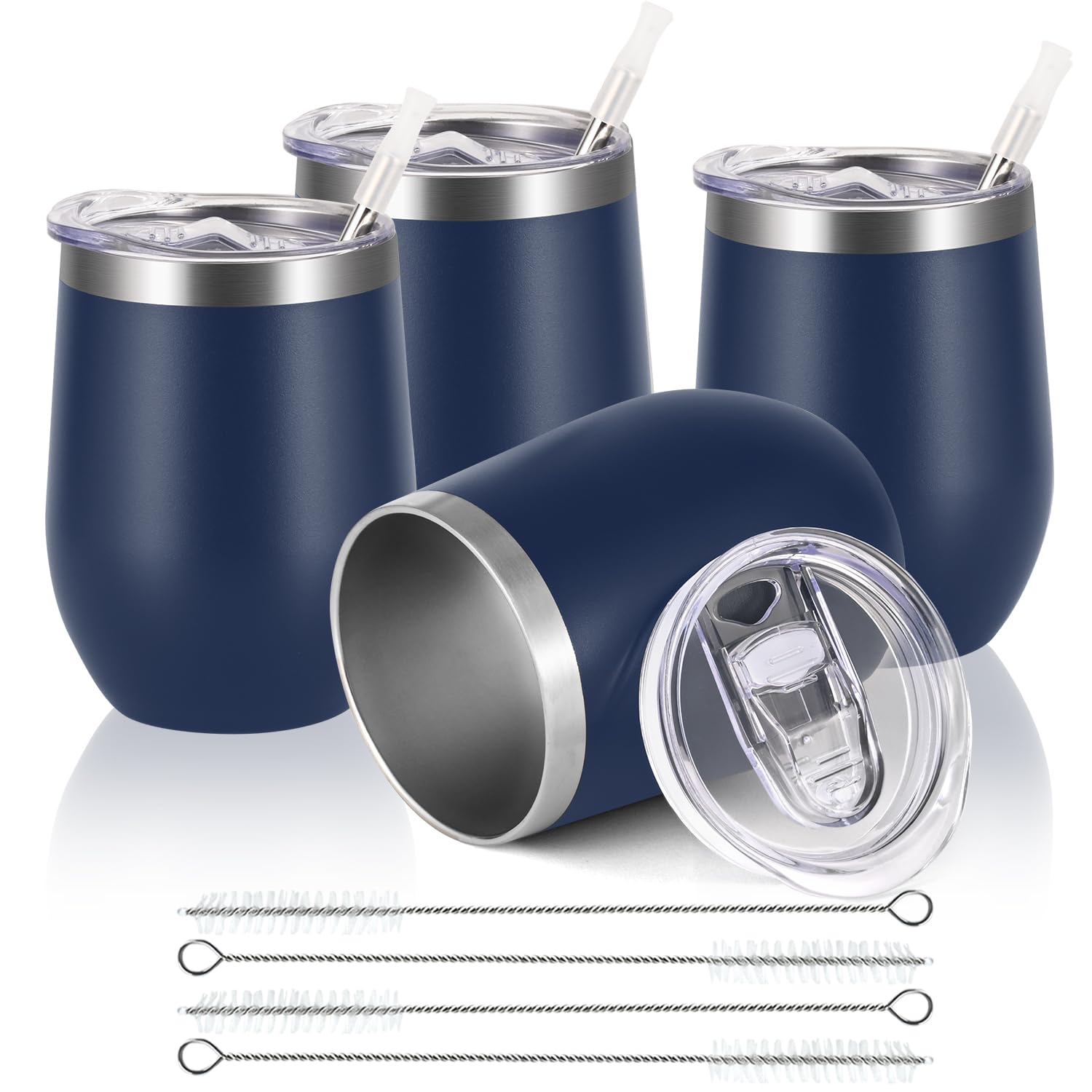Joymaking Reusable Coffee Cup, Double Walled -Insulated Travel Mug Vacuum Stainless Steel Wine Tumbler with Spill Proof Lid, Great for Hot Cold Drinks Coffee Wine, 4 Piece Set 12 Oz Dark Blue