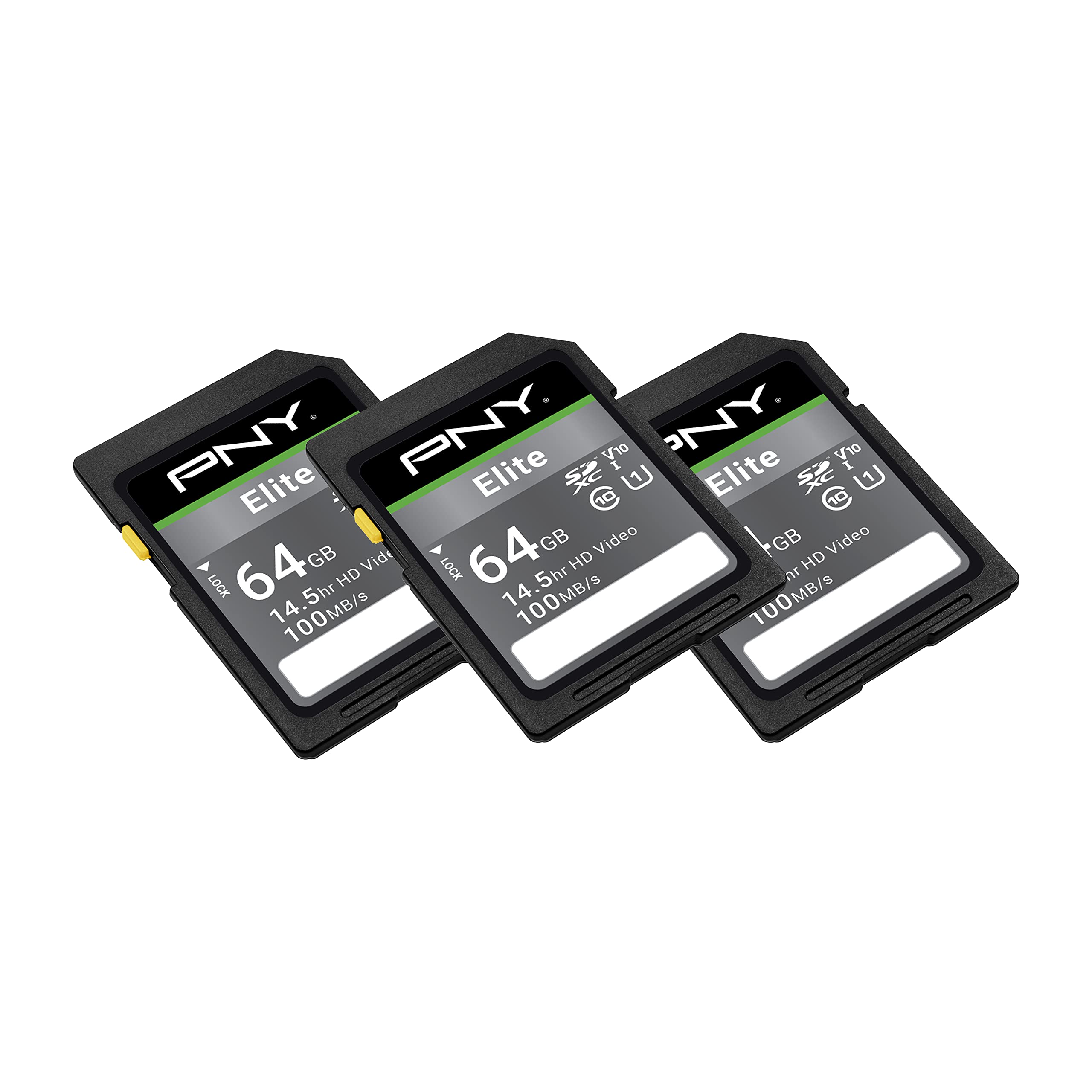 PNY 64GB Elite Class 10 U1 V10 SDXC Flash Memory Card - 100MB/s Read, Class 10, U1, V10, Full HD, UHS-I, Full Size SD (P-SD64GX3U1100EL-MP) (Pack of 3)