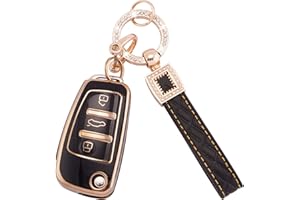 EKALA Car Key Fob Cover Fit for Audi A1 A3 A4 A6 A8 Quattro Q3 Q7 S3 S6 RS3 RS6 R8 TT TTS 3 Buttons Flip Key Case Cover Soft TPU Key Shells with Leather Keychain Lanyard Black Gold (BP-Ad-3)