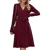 ZAFUL Women's 2025 Casual V Neck Long Sleeve Sweater Dress Wrap Ribbed Knit Pleated Midi Dresses with Belt