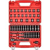 VEVOR Impact Socket Set 3/8" Drive, 50-Piece Standard SAE (5/16 to 3/4 inch) & Metric (8 to 22 mm) Size, Deep & Shallow, 6 Point, CR-V, Extension Bars, Universal Joint, Reducer, Hex Shank Adapter