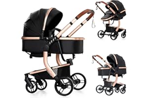 REENBORN PU Leather 2 in 1 Baby Stroller with Bassinet, Convertible Pram, Reversible Standard Stroller, Portable Buggy, Infant Carriage, Foldable High Landscape Pushchair Toddler Newborn (2US518-Black)