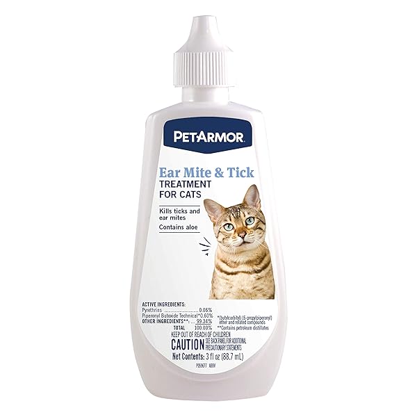 PETARMOR EAR MITE TREATMENT FOR CATS, EAR MITE MEDICINE KILLS TICKS AND EAR MITES TO RELIEVE ITCHINESS, EAR MITE DROPS SOOTHS EARS WITH ALOE, 3OZ