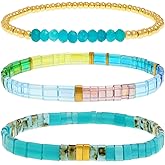 BXDA Tila Flat Beads Bracelets Stack Set for Women, Handmade Gold Beads Gemstone Colorful Stretch Outfit Accessories Jewelry Gift.